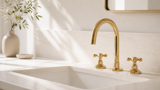 Unlacquered brass three-hole widespread bathroom faucet over an ivory stone basin