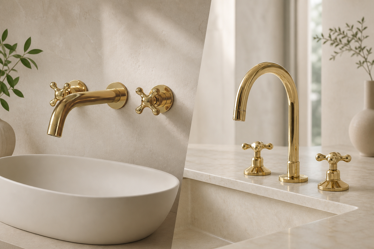 Wall-mounted and deck-mounted unlacquered brass faucets in a bathroom comparison