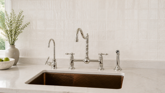 Polished nickel bridge faucet installation with practical countertop clearance around a kitchen sink