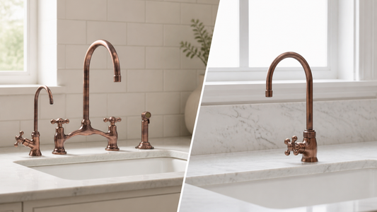 Antique copper bridge faucet and single-hole faucet shown side by side in bright kitchen settings