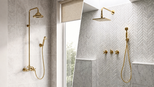 Unlacquered brass exposed shower system compared with a built-in shower system in marble bathrooms