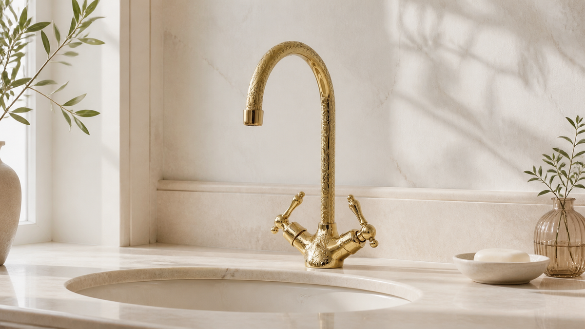 Brassty engraved unlacquered brass faucet positioned over a bathroom sink to illustrate faucet reach