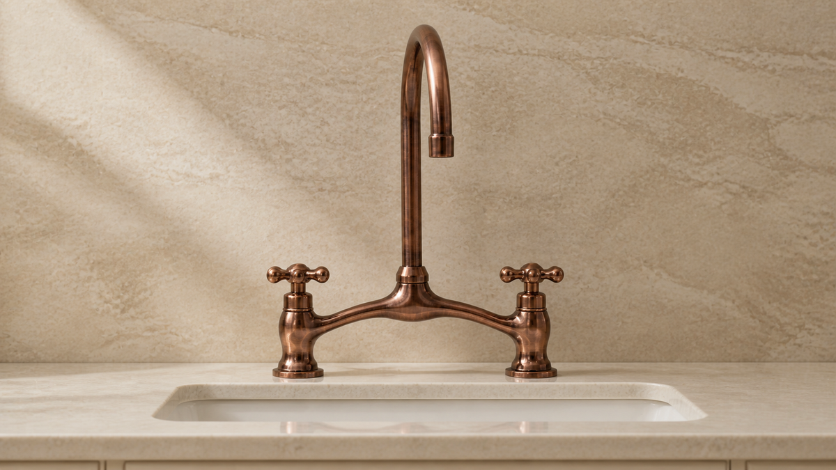 Brassty Antique Copper three-hole bridge faucet centered on a bathroom vanity deck