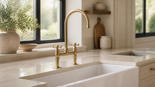Unlacquered brass Atlas bridge faucet centered over a farmhouse sink with an undermount sink in the background