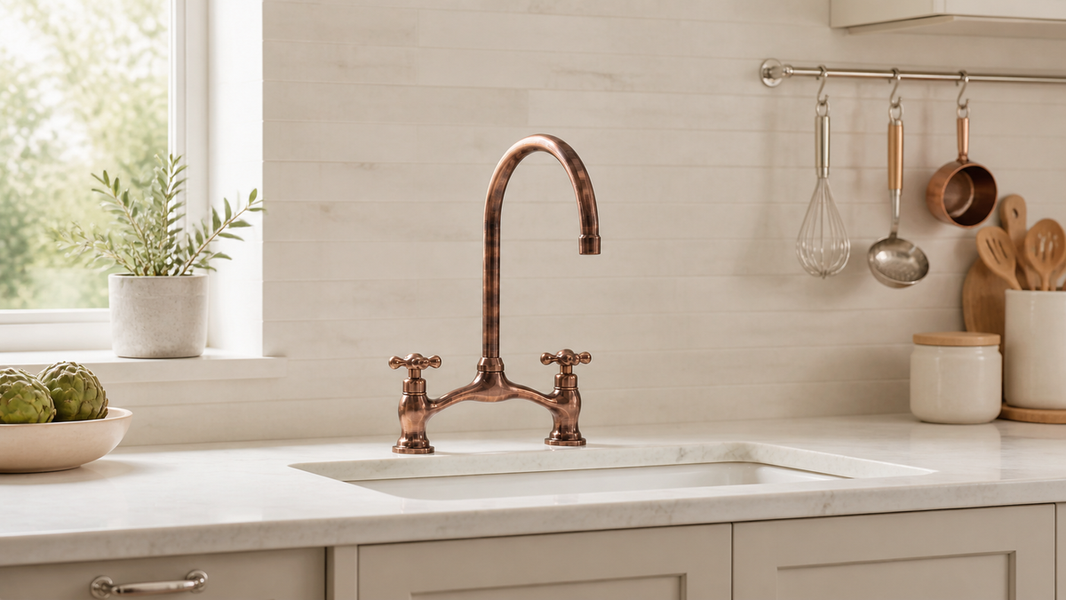 Brassty Antique Copper bridge faucet in a kitchen with coordinated mixed-finish accessories