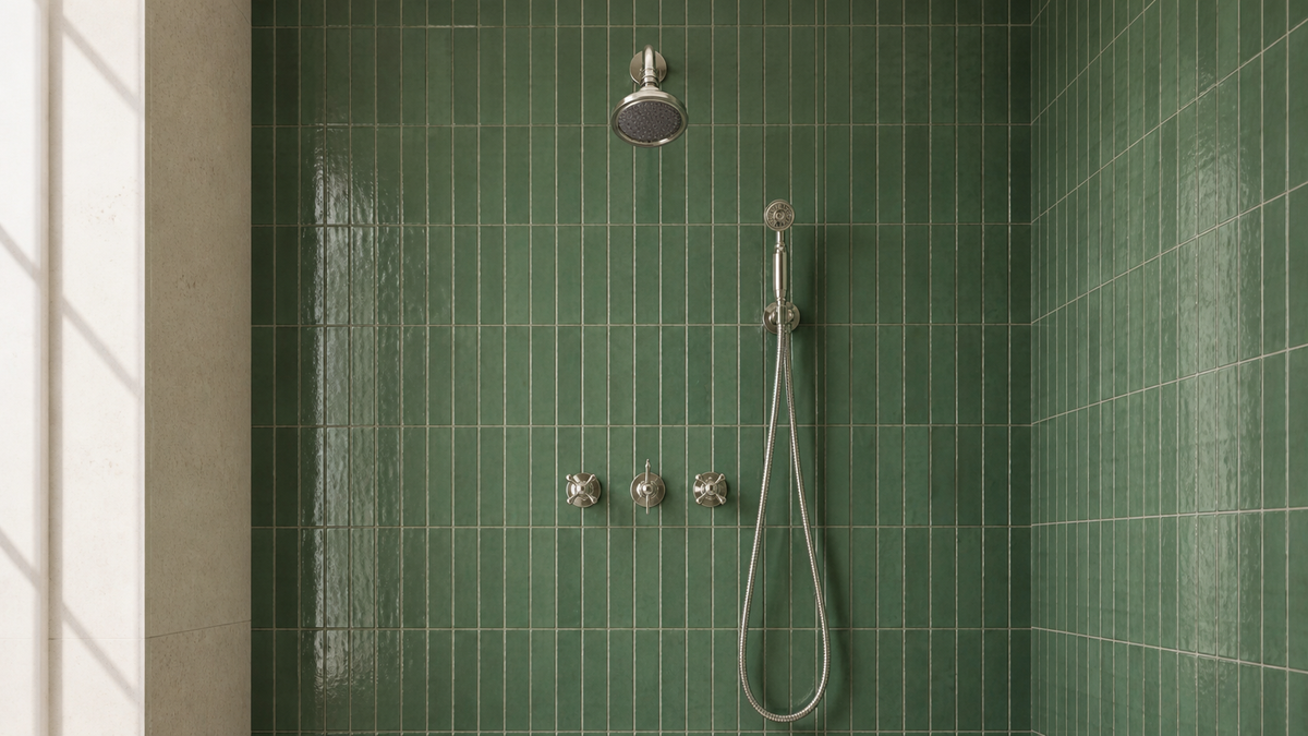 Polished nickel rain shower and handheld shower system in a green tiled walk-in shower