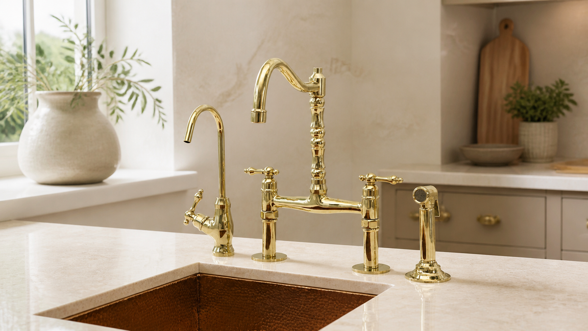 Brassty Victorian bridge kitchen faucet set with lever handles in a warm kitchen setting