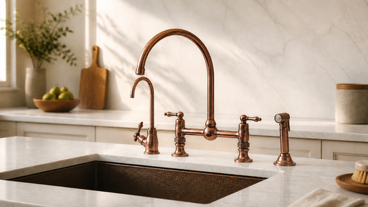 Antique copper Somerset bridge kitchen faucet with a straight upright side sprayer beside a kitchen sink