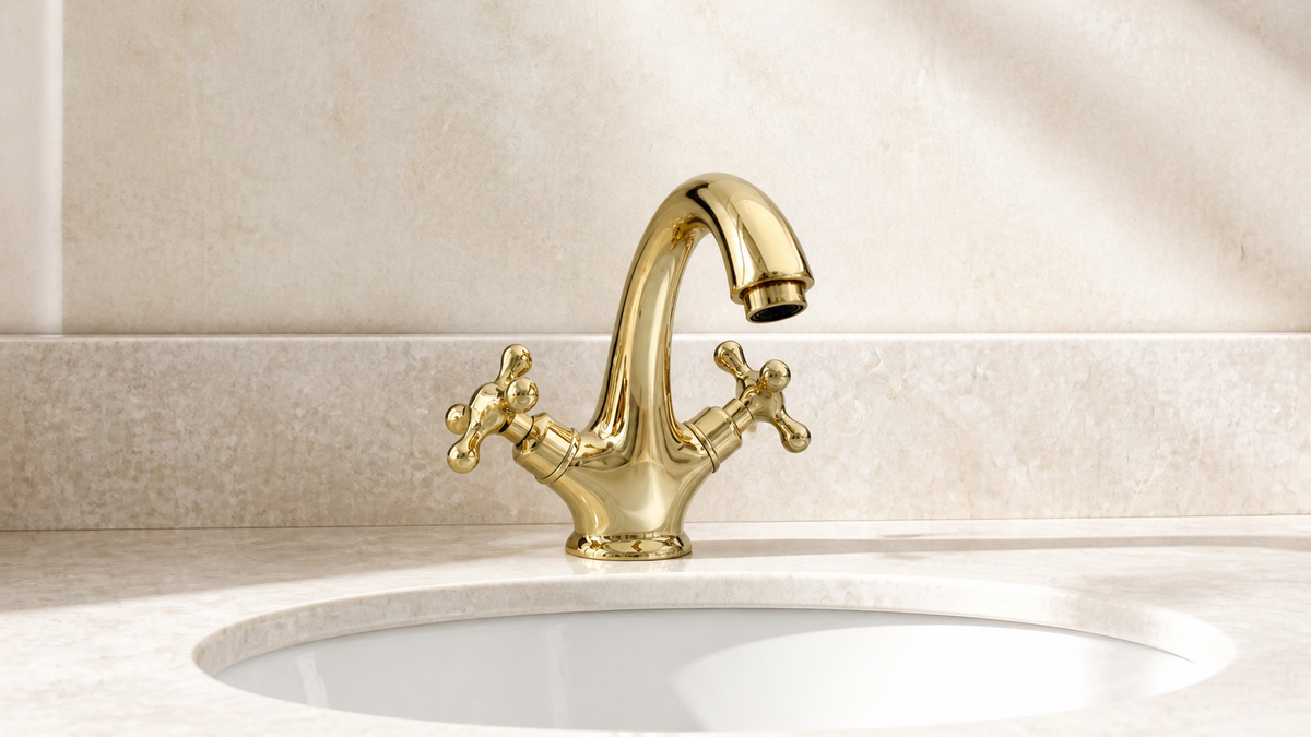 Unlacquered brass single-hole bathroom faucet centered above a vanity basin with clear countertop space around the mounting position