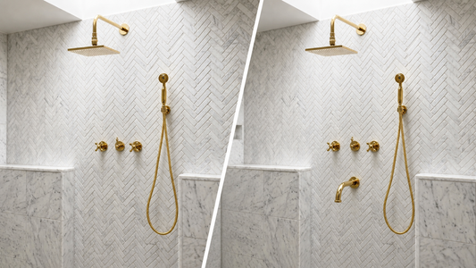 Unlacquered brass two-way rain shower and handheld compared with a three-way shower with tub filler