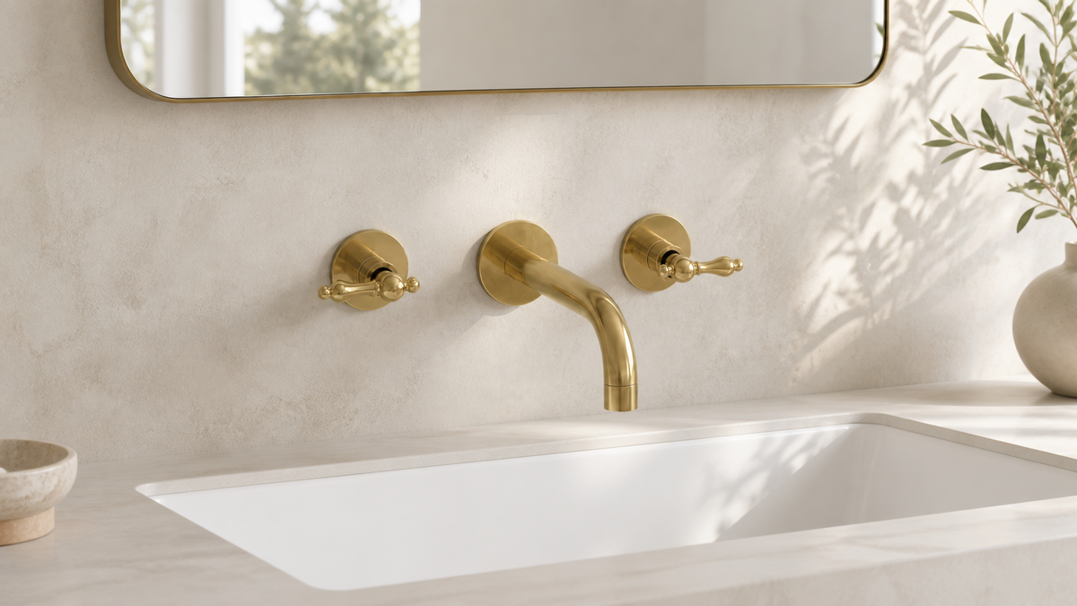 Unlacquered brass wall-mounted bathroom faucet centered above a basin, showing the spout and handle rough-in positions