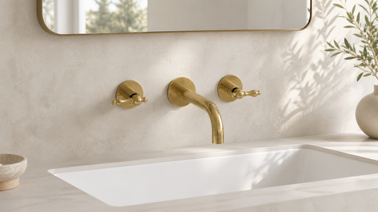Unlacquered brass wall-mounted bathroom faucet centered above a basin, showing the spout and handle rough-in positions