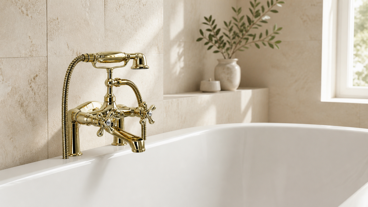 Brassty unlacquered brass tub faucet installed on the left side of a freestanding bathtub