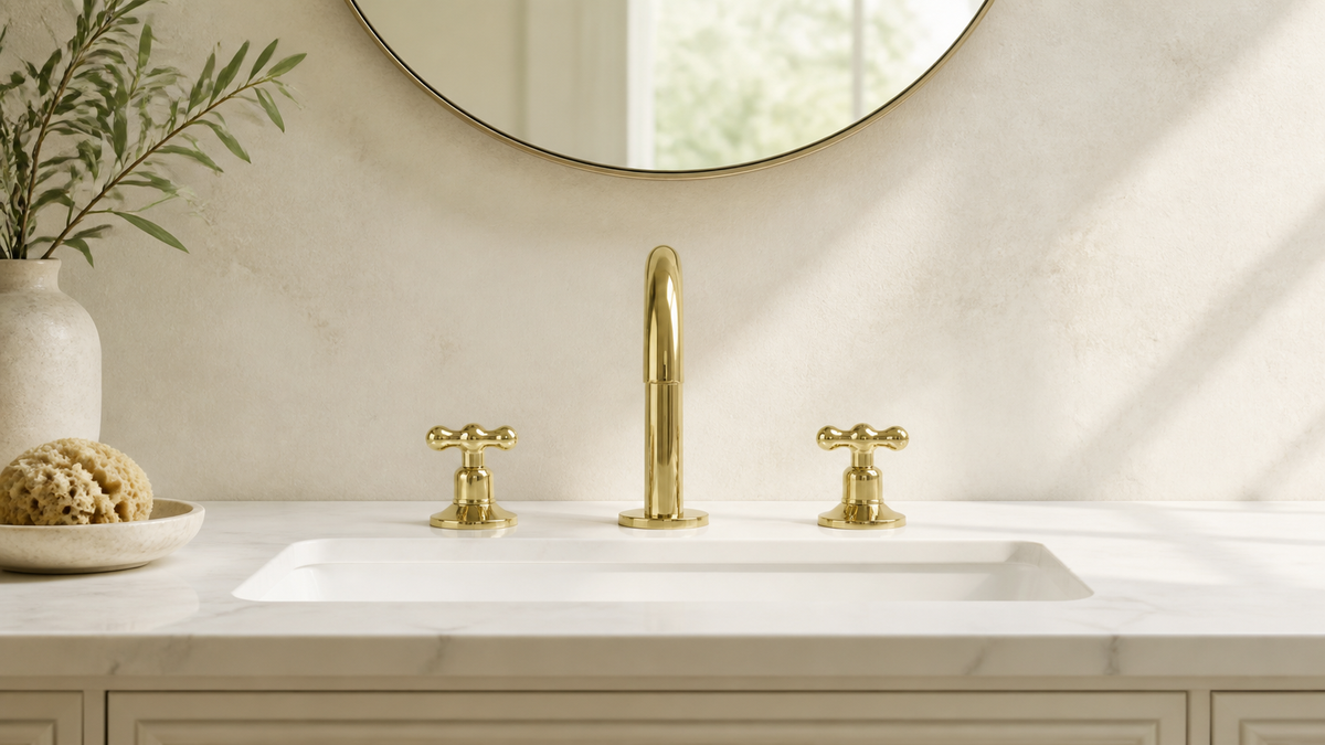 Unlacquered brass widespread bathroom faucet centered above a vanity basin with clear spacing between the handles and spout