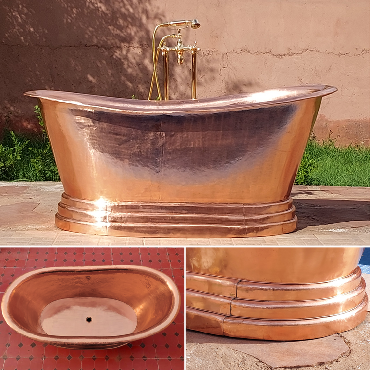 A handcrafted pure copper freestanding bathtub with a smooth, polished finish and elegant tiered base, featuring a spacious interior and a gracefully curved rim, complemented by a brass floor-mounted faucet