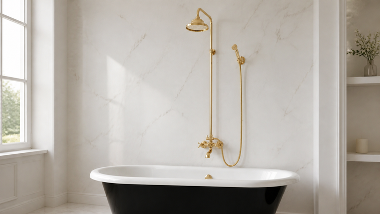 Unlacquered brass exposed shower system with rainfall head and handheld shower over a freestanding bath