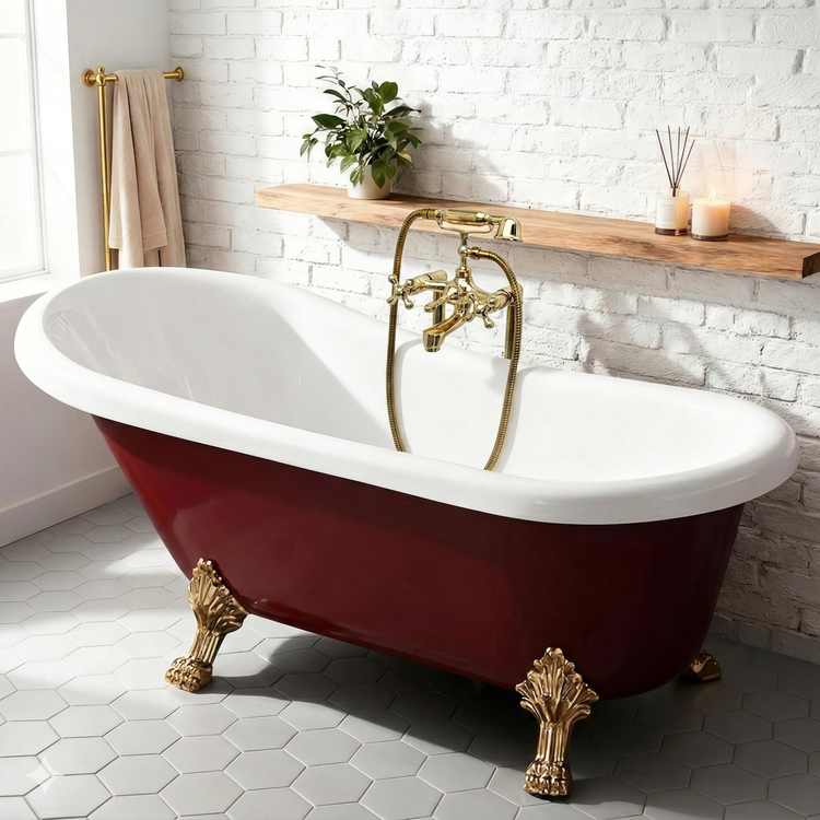 Full hero view of an unlacquered brass freestanding clawfoot tub filler with handheld shower
