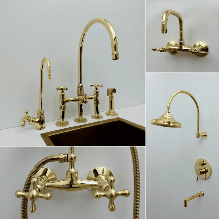 A collection of unlacquered brass fixtures, including a bridge kitchen faucet with a side sprayer, a wall-mounted pot filler, a rain shower head, and a bath mixer with a handheld shower