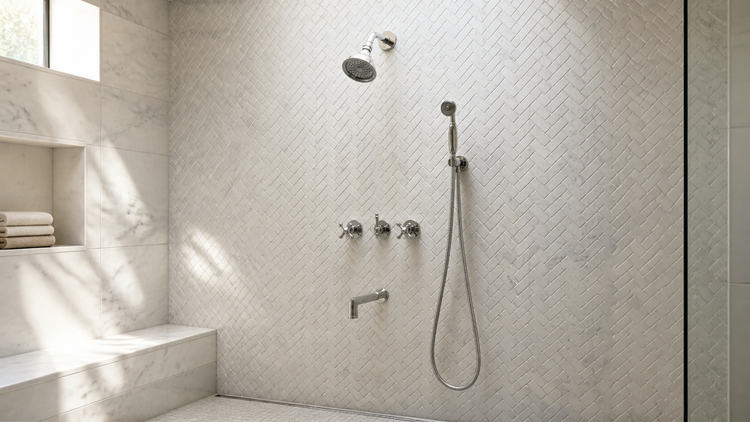 Polished nickel built-in shower system with rainfall head, handheld sprayer and tub filler