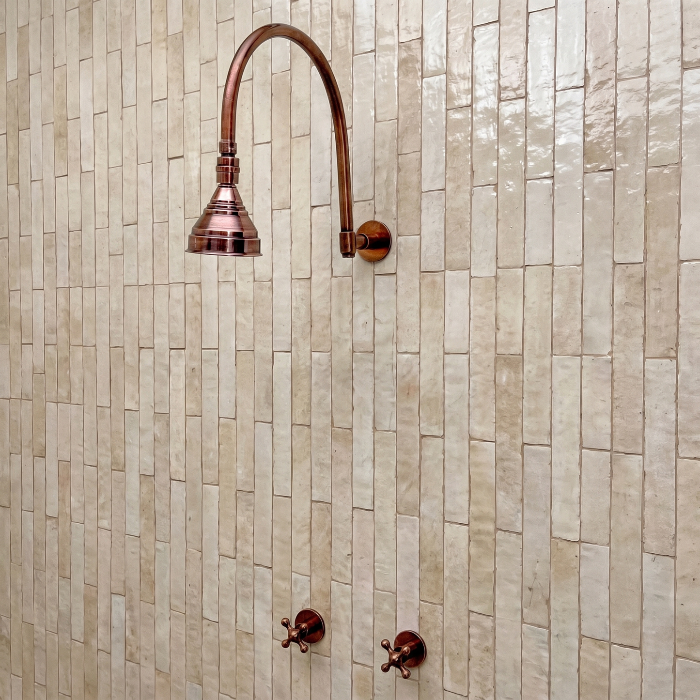 Antique Copper Shower System with Round Rain Shower Head, Arcuate Arm and Cross Handles