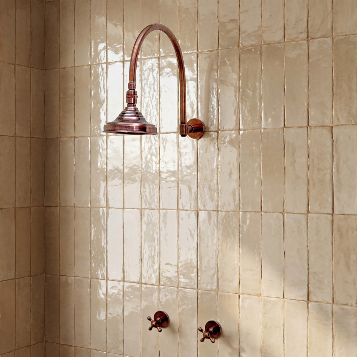 Antique Copper Shower System with Adjustable Round Rain Shower Head, Arcuate Arm and Cross Handles