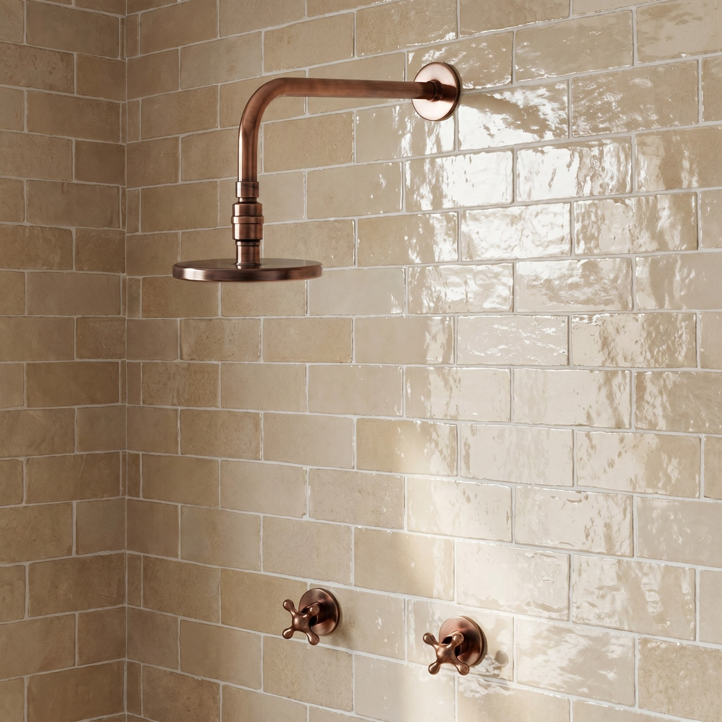 Antique Copper Shower System with Adjustable Flat Round Rain Shower Head, Straight Arm and Cross Handles