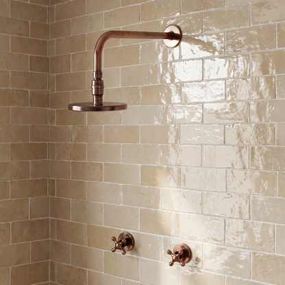 Antique Copper Shower System with Adjustable Flat Round Rain Shower Head, Straight Arm and Cross Handles
