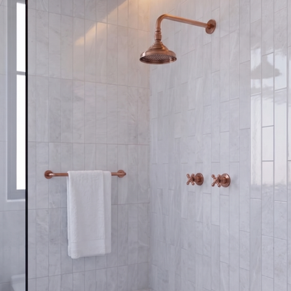 Antique Copper Shower System with Adjustable Round Rain Shower Head, Straight Arm and Cross Handles