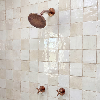 Antique Copper Shower System with Flat Round Rain Adjustable Shower Head, Short Arm and Cross Handles