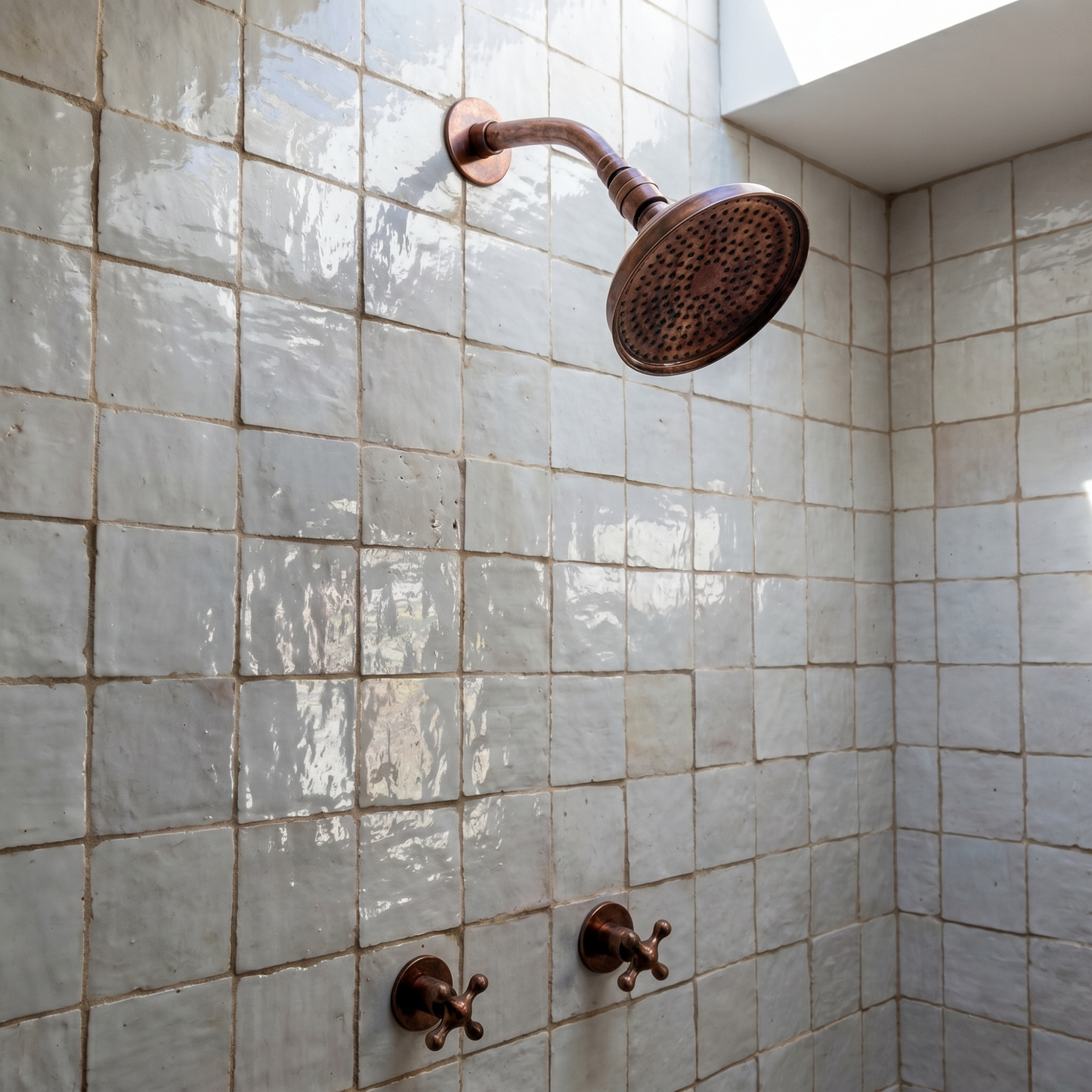 Antique Copper Shower System with Round Rain Adjustable Shower Head, Short Arm and Cross Handles