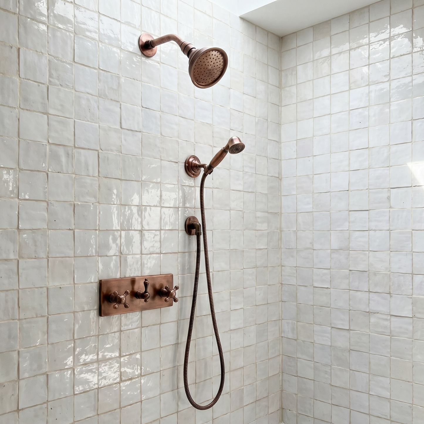 Antique Copper Shower System with Round Rain Adjustable Shower Head, Handheld Shower Head, Central Copper Plaque and Cross Handles