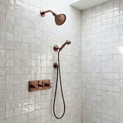 Antique Copper Shower System with Round Rain Adjustable Shower Head, Handheld Shower Head, Central Copper Plaque and Cross Handles