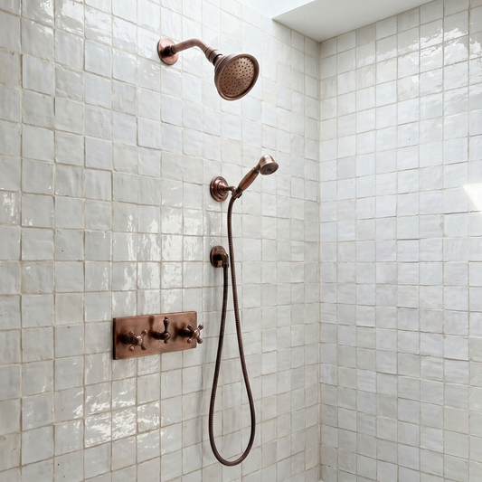 Antique Copper Shower System with Round Rain Adjustable Shower Head, Handheld Shower Head, Central Copper Plaque and Cross Handles