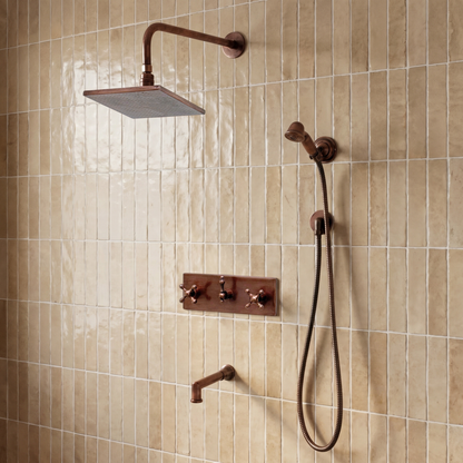 Antique Copper Shower System with Adjustable Flat Square Rain Shower Head, Handheld Shower Head, Central Copper Plaque, Tub Filler and Cross Handles