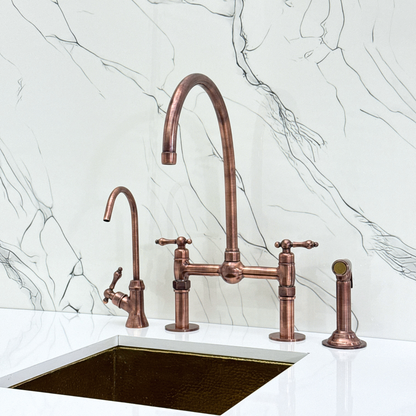 Antique Copper Bridge Faucet with Sprayer, Cold Water Faucet, Straight Legs and Lever Handles