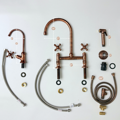 Antique Copper Bridge Kitchen Faucet with Cold Water Faucet, Sprayer, and Cross Handles