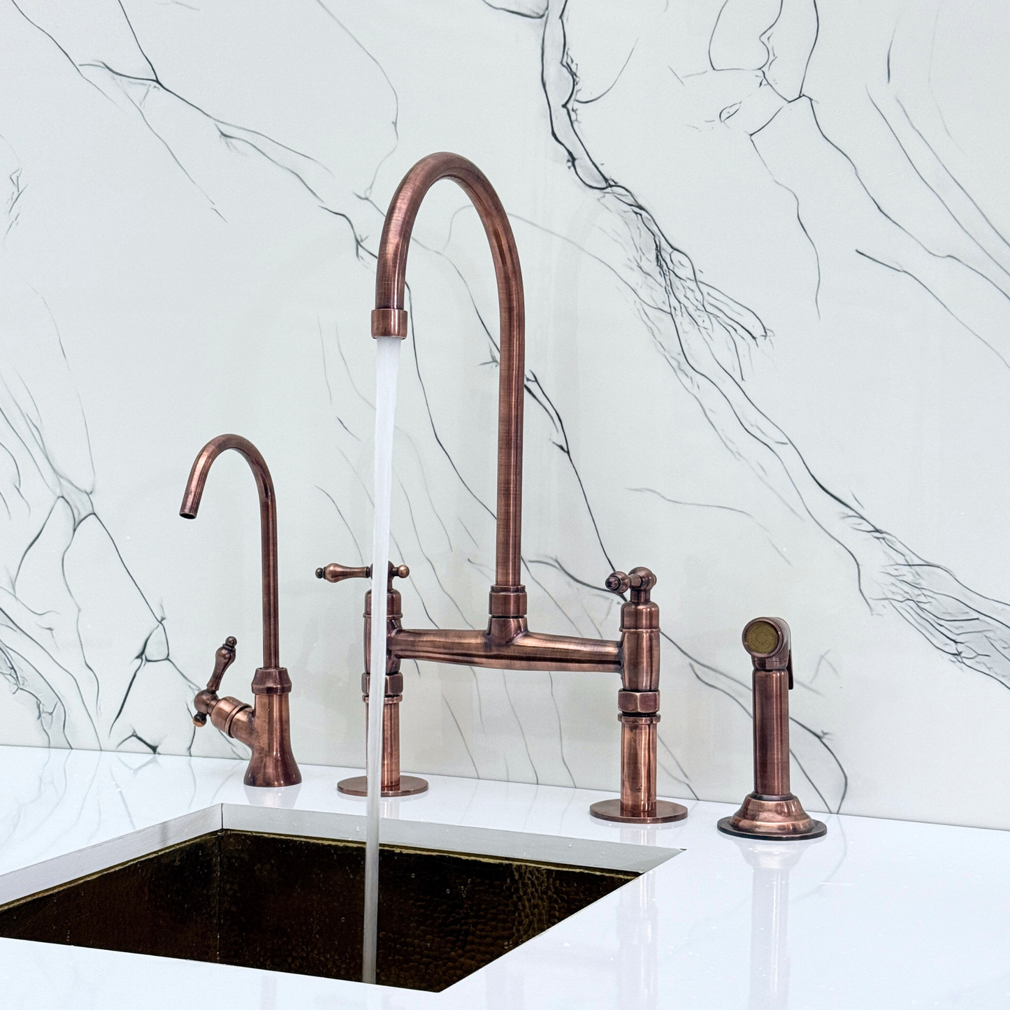 Antique Copper Kitchen Bridge Faucet with Sprayer, Cold Water Faucet and Lever Handles