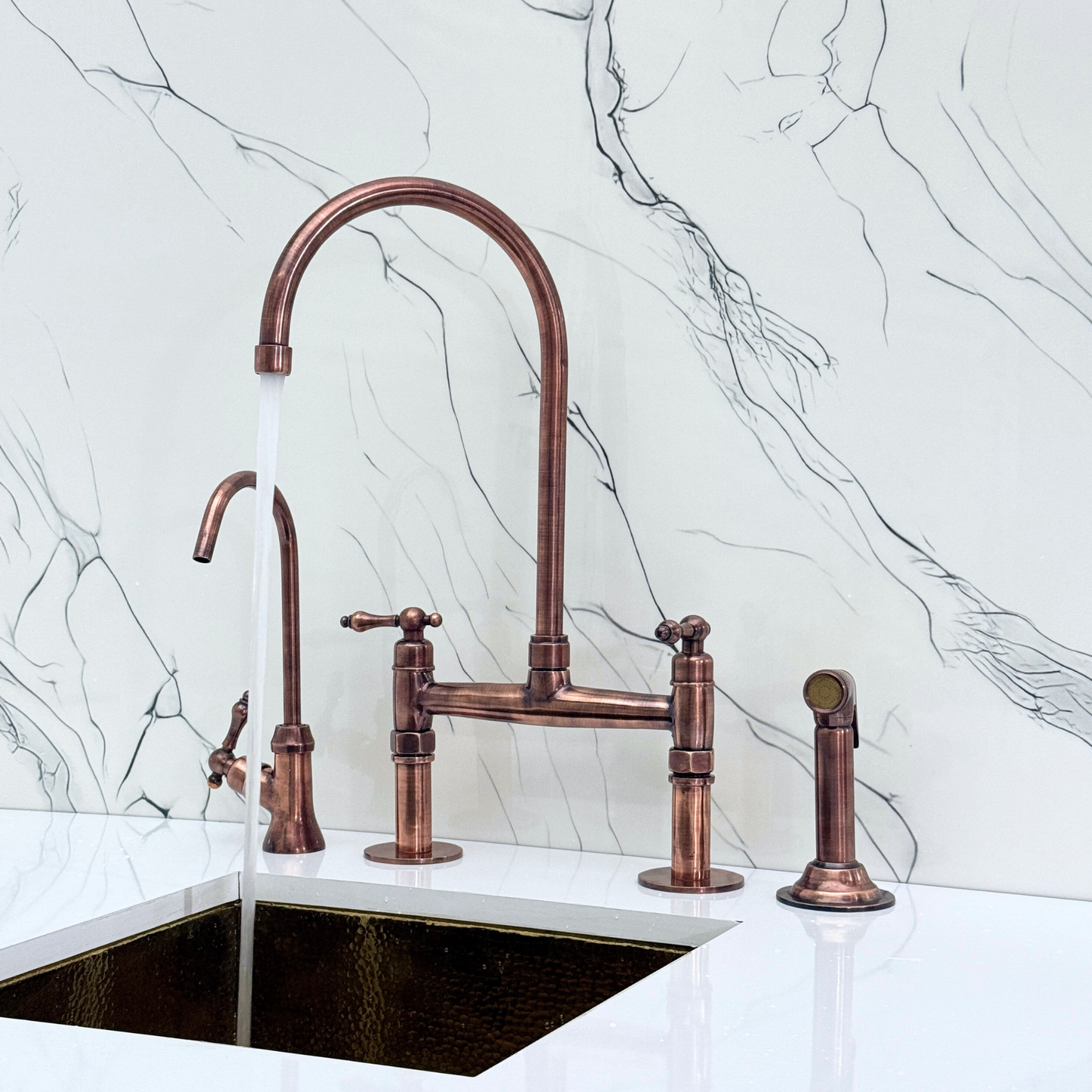Antique Copper Kitchen Bridge Faucet with Sprayer, Cold Water Faucet and Lever Handles