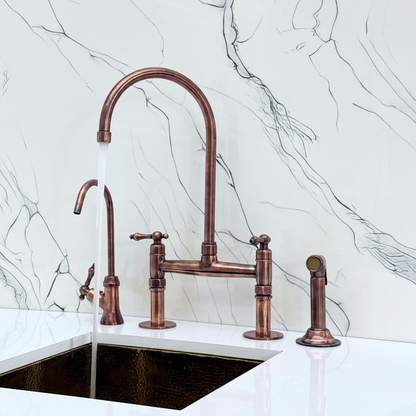 Antique Copper Kitchen Bridge Faucet with Sprayer, Cold Water Faucet and Lever Handles