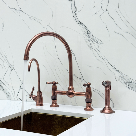 Antique Copper Bridge Vintage Kitchen Faucet with Ball Center, Sprayer, Cold Water Faucet and Lever Handles