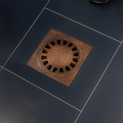 Antique Copper Engraved Shower Drain with Removable Cover, Solid Copper Square Shower Drain