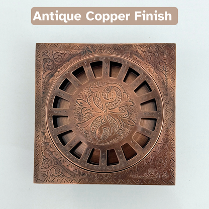 Antique Copper Engraved Shower Drain with Removable Cover, Solid Copper Square Shower Drain