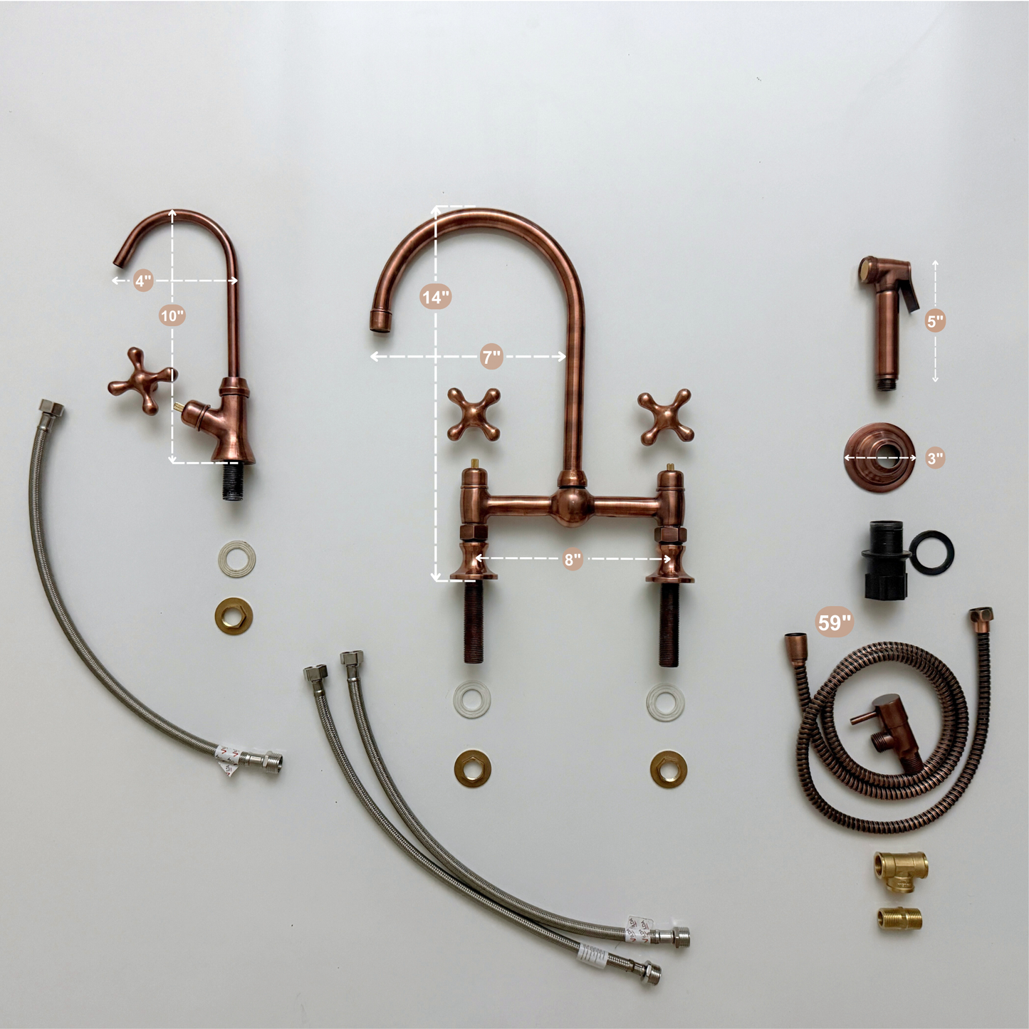 Antique Copper Bridge Kitchen Faucet with Sprayer, Cold Water Faucet and Cross Handles