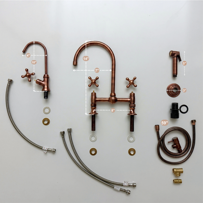 Antique Copper Bridge Kitchen Faucet with Sprayer, Cold Water Faucet and Cross Handles