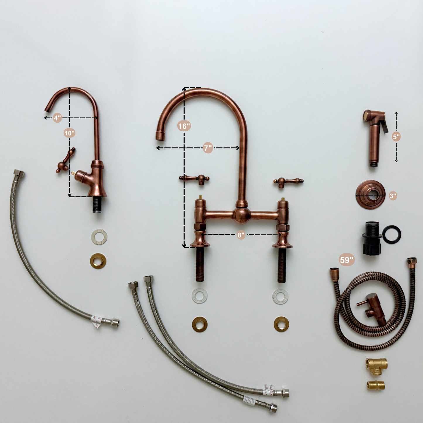 Antique Copper Bridge Kitchen Faucet with Sprayer, Cold Water Faucet and Lever Handles