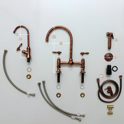 Antique Copper Bridge Kitchen Faucet with Sprayer, Cold Water Faucet and Lever Handles