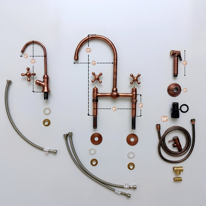 Antique Copper Kitchen Bridge Faucet with Ball Center, Sprayer, Cold Water Faucet, Straight Legs and Cross Handles