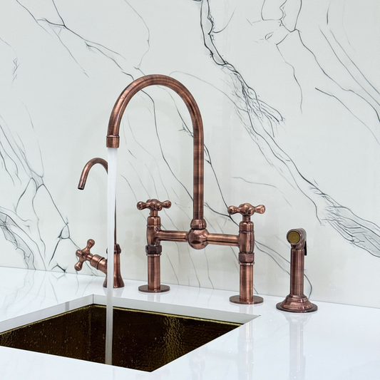 Antique Copper Kitchen Bridge Faucet with Ball Center, Sprayer, Cold Water Faucet, Straight Legs and Cross Handles