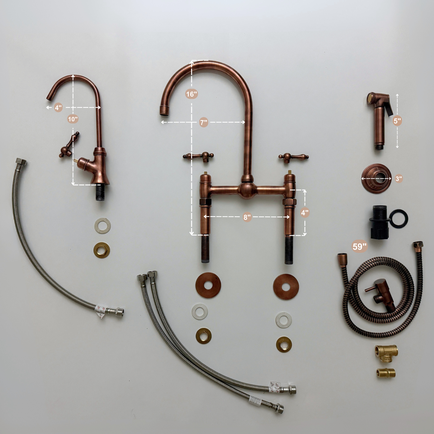 Antique Copper Kitchen Bridge Faucet with Ball Center, Sprayer, Cold Water Faucet, Straight Legs and Lever Handles