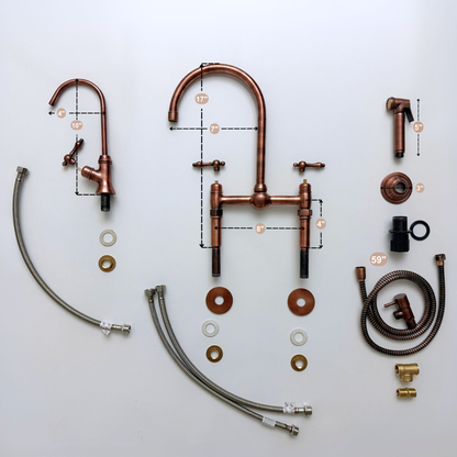 Antique Copper Kitchen Bridge Faucet with Ball Center, Sprayer, Cold Water Faucet, Straight Legs and Lever Handles